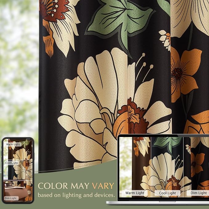 jinchan Black Boho Floral Blackout Curtains W100xL96 Grommet 1 Panel | Room - Image 6