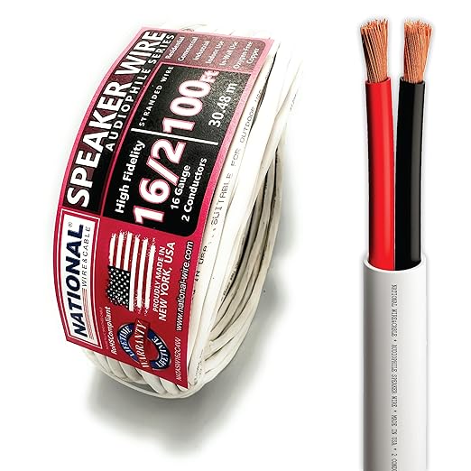 NATIONAL Wire&Cable - 16/2 Audiophile Speaker Wire (100 Feet) 16AWG Gauge - Made in USA - in Wall Audio Speaker Wire Cable/CL Rated/ETL Listed / 2 Conductors - OFC Oxygen-Free Copper, White 100ft