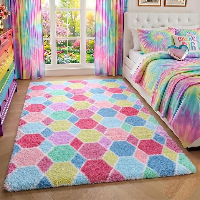 Checkered Pink Rainbow Area Rugs - Image 5