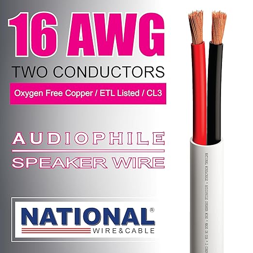 NATIONAL Wire&Cable - 16/2 Audiophile Speaker Wire (50 Feet) 16AWG Gauge - Made in USA - in Wall Audio Speaker Wire Cable/CL Rated/ETL Listed / 2 Conductors - OFC Oxygen-Free Copper, White 50ft