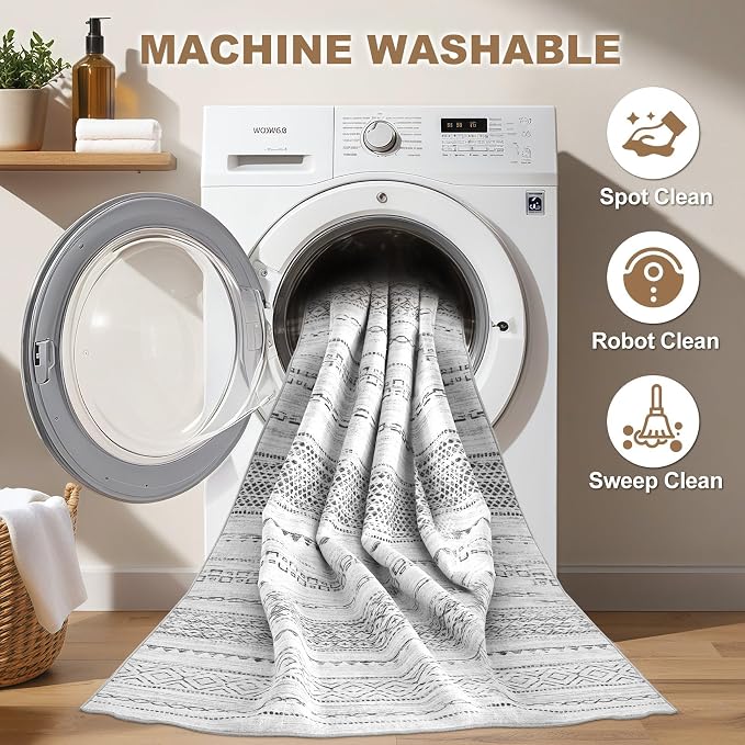 Nakagishi Boho 2x6 Runner Rug Machine Washable Rugs Non Slip Gray | Soft - Image 2