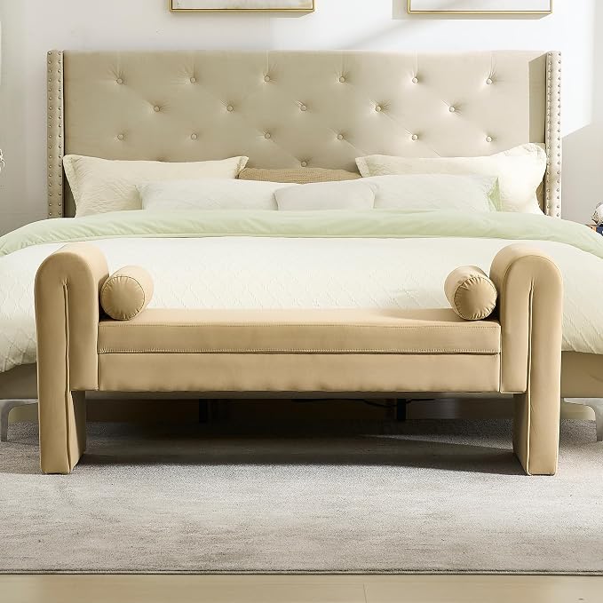 61" Velvet End of Bed Bench, Upholstered Seat by CDBBIB