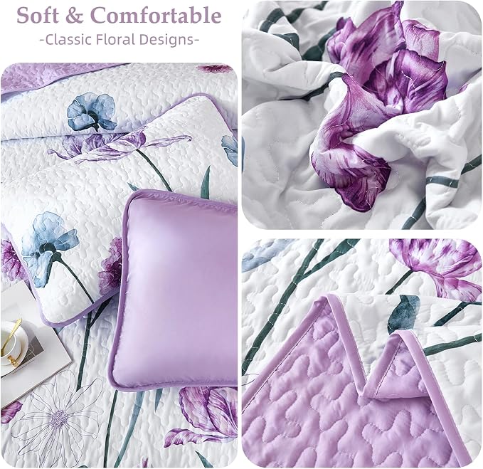WONGS BEDDING Purple Queen Quilt Set, 3 Pieces Light Purple Floral Bedspread - Image 6