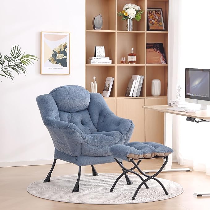 Lazy Chair with Ottoman, Comfy Accent Reading Chair, Plush Blue | Foldable - Image 7