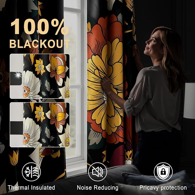 NICETOWN Black Boho Floral Curtains 100% Blackout - Image 5