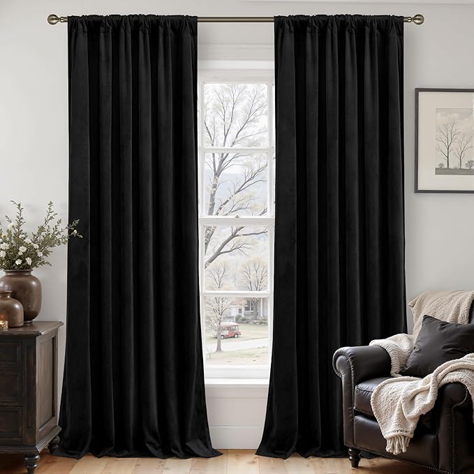 LAMIT Velvet Blackout Curtains 108 Inch for Bedroom, Black Thermal Room Darkening Panels for Movie Theater Living Room Back Tab and Rod Pocket Privacy Protected Drapes, 2 Panels, 52 x 108 Inch