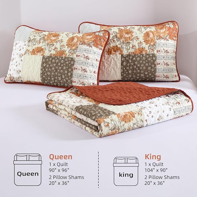 Anibedding Floral Patchwork Quilt Set Queen, Terracotta Plaid Bedspread | 3 Pcs - Image 7