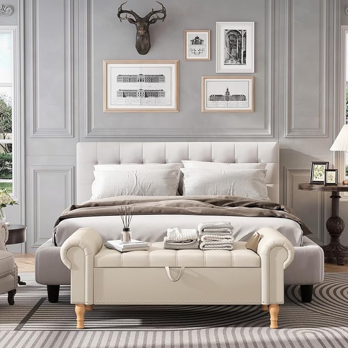 Apicizon 51” Bench with Storage, Faux Leather Ottoman Bench with Rolled Arm & - Image 3