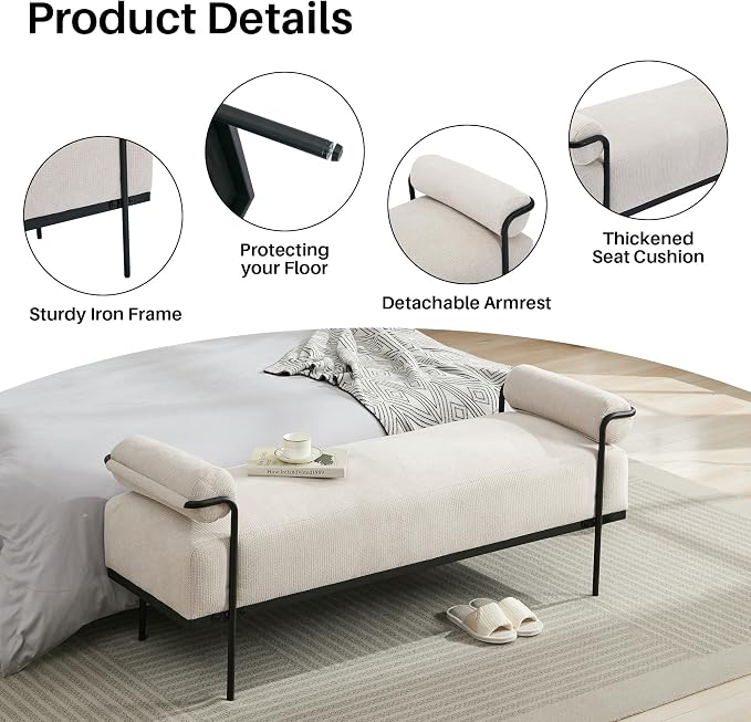 SOFTHION 61.2" End of Bed Bench, Chenille Upholstered Entryway Bench, Footrest - Image 5