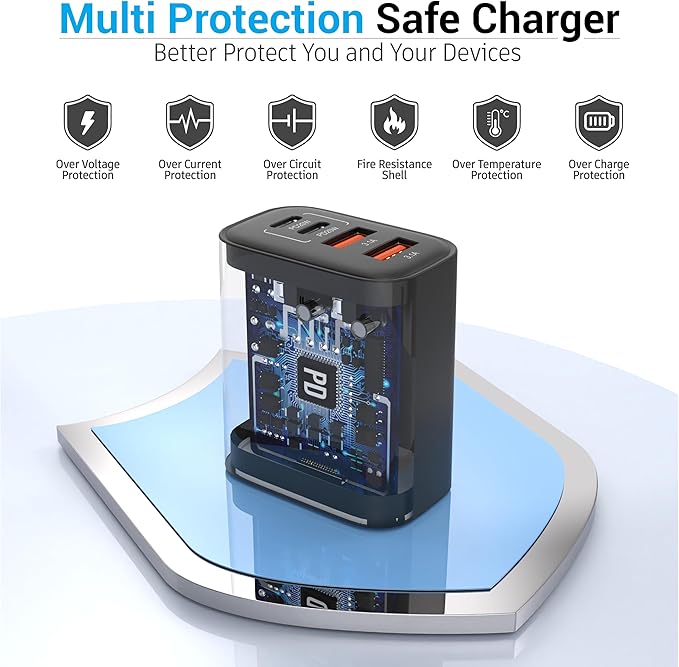 TT&C USB C Block 40W, 4 Ports Wall Plug Fast Charging Block, PD+QC Multiport Power Adapter USB C Charger Type C for iPhone 17, 17 Air, 17 Pro, 17 Pro Max, 16,15,14,13,12 Galaxy Phones-(Black 1Pack)