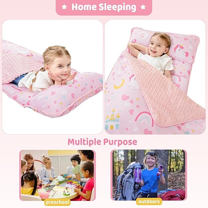 Viviland Toddler Kid Nap Mat for Preschool, Girls Pink Princess Daycare Kindergarten Slumber Bag