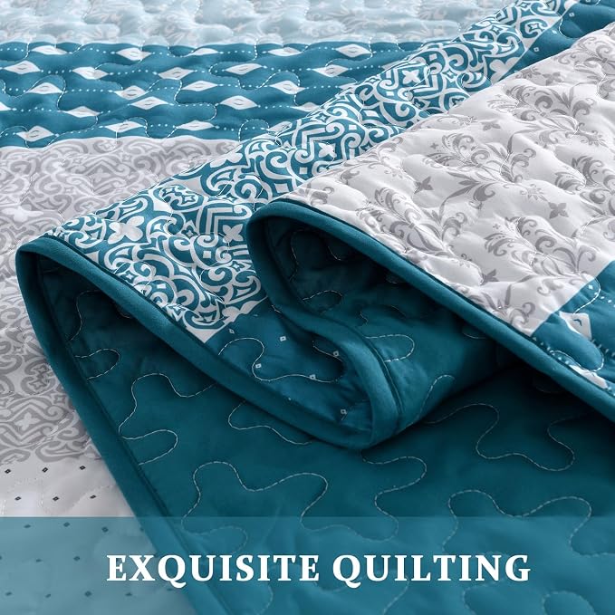 WONGS BEDDING Teal Blue Queen Size Quilt Set, Boho Striped Bedspread | 3 Pieces - Image 7