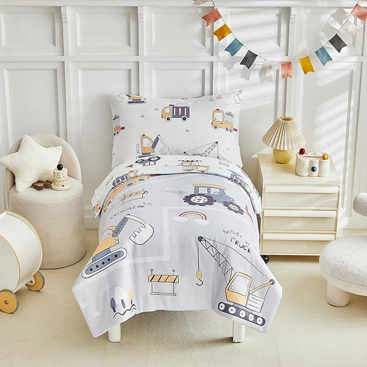 JHXHMX 4 Pieces Toddler Bedding Set for Boys,Excavator Cars Truck Pattern Toddler Comforter Set,Soft Crib Bed Set Including Comforter,Sheets and Pillowcase-Gray