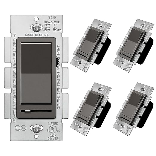 BESTTEN 5 Pack Matte Brown Dimmer Light Switch, Single Pole or 3-Way, Compatible with Dimmable LED, CFL, Incandescent and Halogen Bulb, 120VAC, UL Listed