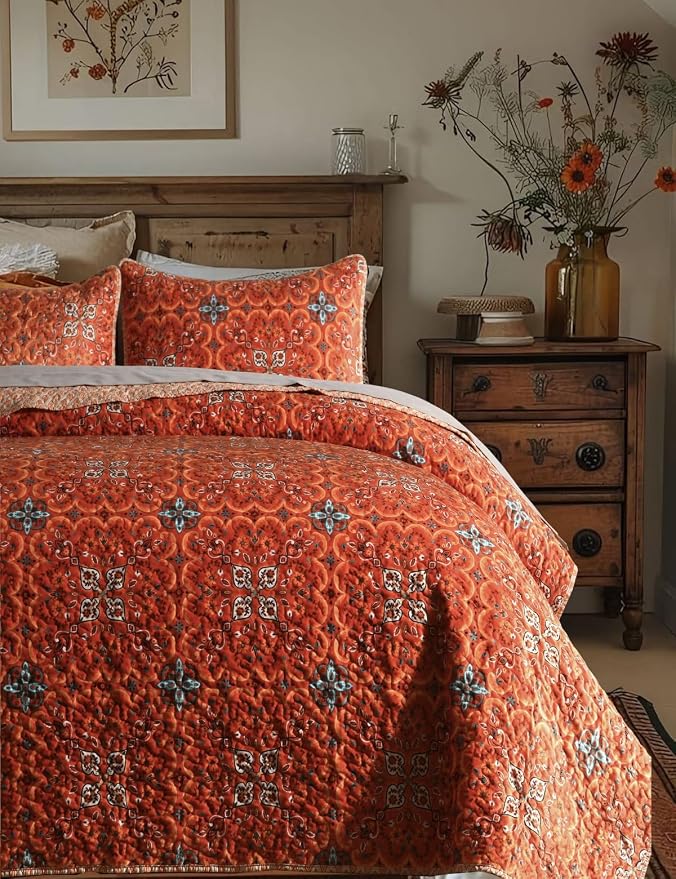 Boho Quilt Twin Set, 3-Piece Hand-Quilted Bedspread, Lightweight All Season by TEXSTEAD