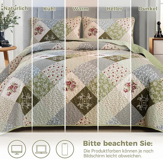 Dinjoy Patchwork Quilt Set King Size, Boho Bedding Set, Oliver Green | Soft - Image 7