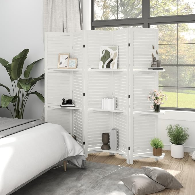 HOMCOM Room Divider with Shelves, 5 Panel, 3 Display Shelves, Folding Storage - Image 8