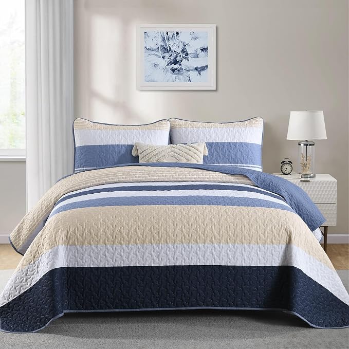 Dinjoy King Boho Striped Quilt Set, Breathable All-Season, 3-Piece Set Fits by DINJOY
