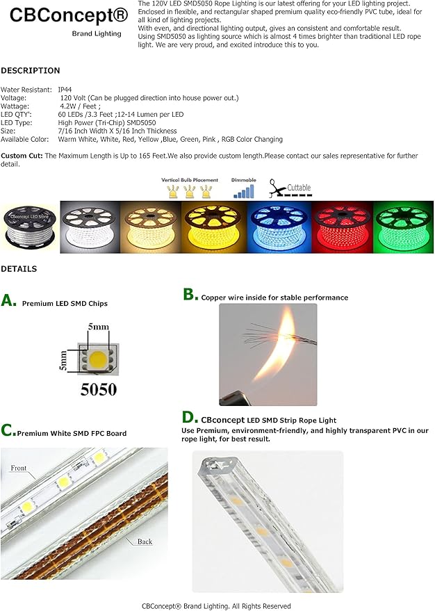 CBconcept UL Listed, 6.6 Feet, 720 Lumen, 6000K Pure White, Dimmable, 110-120V AC Flexible Flat LED Strip Rope Light, 120 Units 3528 SMD LEDs, Indoor Outdoor Use, Accessories Included, Ready to use