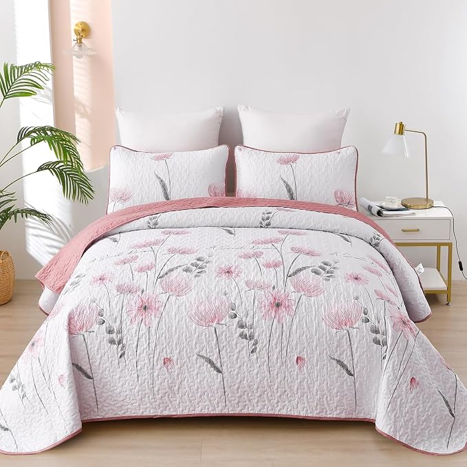 Dinjoy Pink Quilt Set Full, Floral Botanical Bedspread by DINJOY