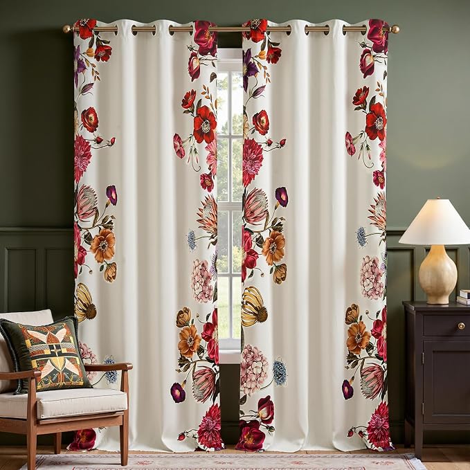 jinchan Beige Floral Blackout Curtains 96 Inch Vintage Grommet 2 Panels | Room by JINCHAN