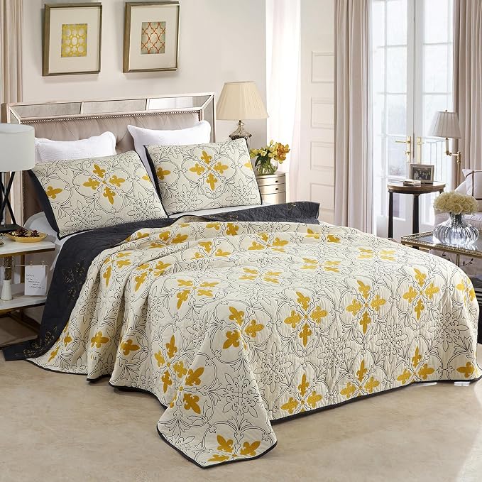 ROOMLIFE Quilt Set Full Size 3D Floral Iris Embroidery Pattern 3-Piece Cotton by ROOMLIFE