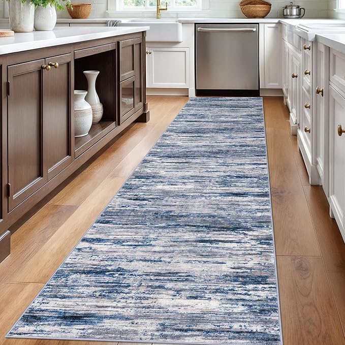 2.6x12 Modern Abstract Runner Rug for Hallways, Navy Blue Gray Neutral Multi Super Soft Hallway Decor Kitchen Rugs with Non-Slip, Non-Shedding Washable Rug for Entryway Bedroom Indoor