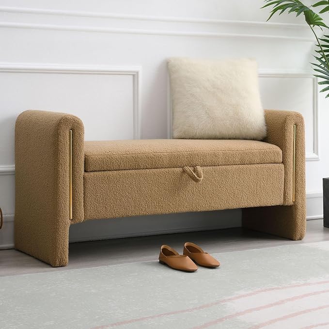 52" Upholstered Storage Bench, Wood Frame | Mid-century storage ottoman bench by CreateYourPerfectSpace