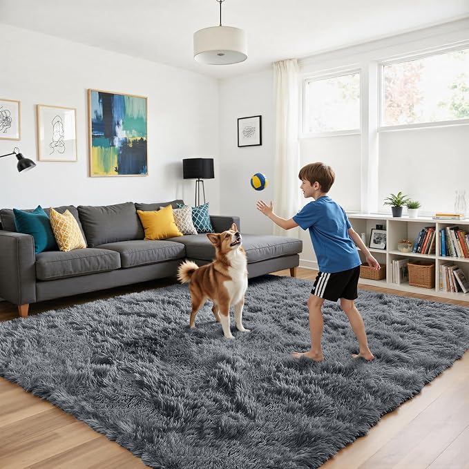 Grey 9x12 Area Rugs for Living Room, Fluffy Shag Rug Large Bedroom Carpet | - Image 5