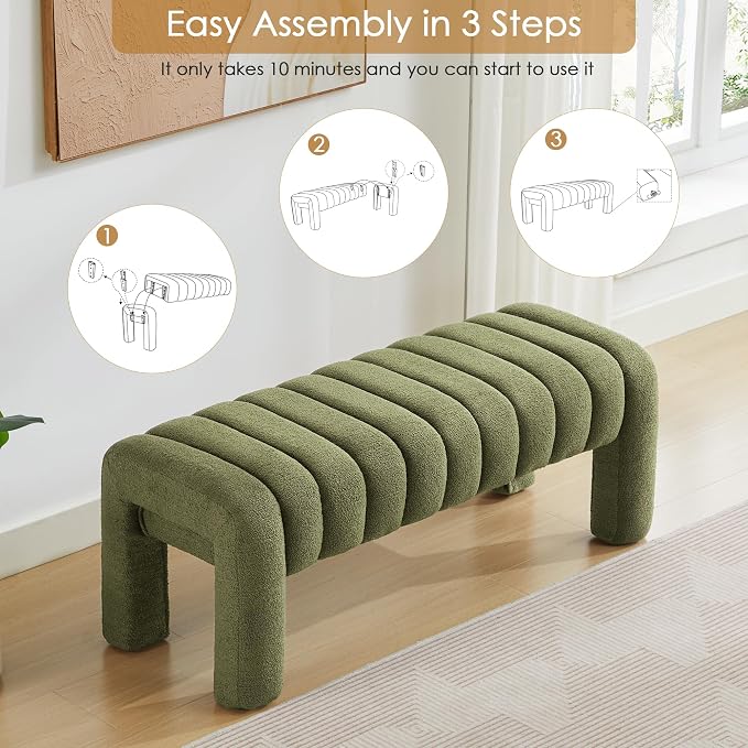 43" Boucle Bed Bench, Linen Green | Upholstered Channel Tufted, Accent Window - Image 8