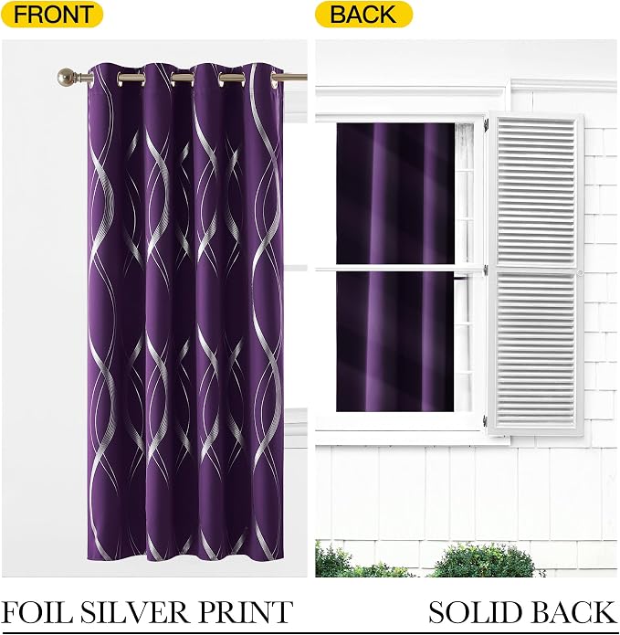 NICETOWN Royal Purple Blackout Curtains 84 inch Long Wave Line Foil Print | - Image 6