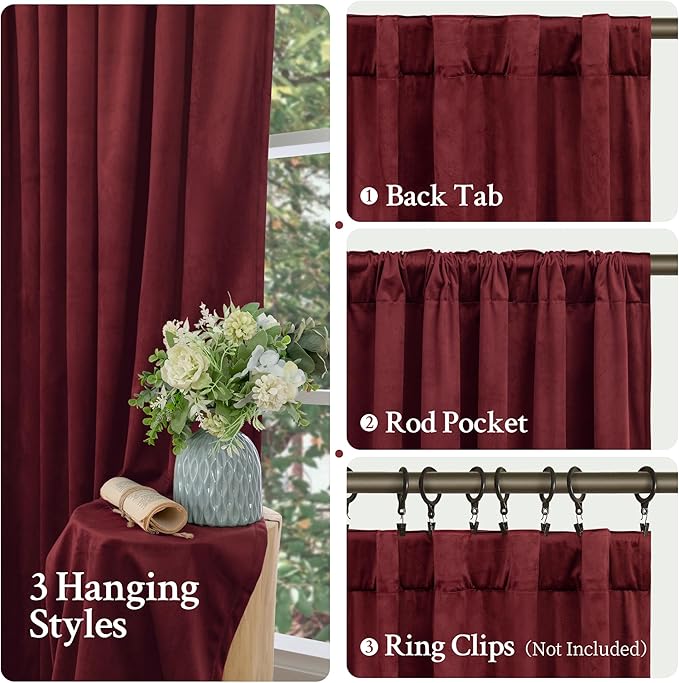 LAMIT Burgundy Red Velvet Curtains 96 Inch for Living Room, Vintage Thermal Room Darkening Panels Privacy Back Tab and Rod Pocket Christmas Drapes for Bedroom/Theater, 2 Panels, 52 x 96 Inch
