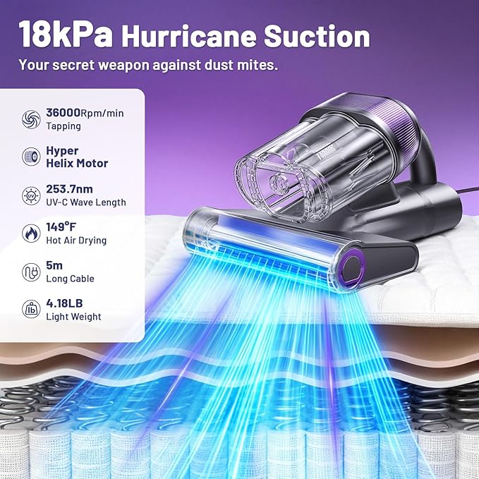 LED Display Mattress Vacuum Cleaner, 18Kpa Bed Vacuum Cleaner with 253.7nm UV-C Light, HEPA Filter & Ultrasoni, 149℉ Heat, Triple-Cup Versatile Handheld Vacuums for Bed Sofa Carpets Pet Hair Fine Dust