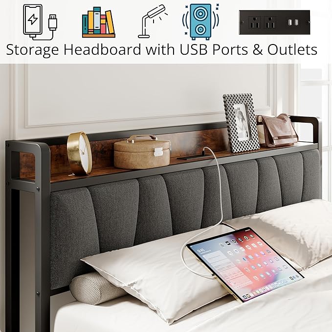 LIKIMIO Twin Bed Frames, Storage Headboard with Charging Station, Solid and Stable, Noise Free, No Box Spring Needed, Easy Assembly