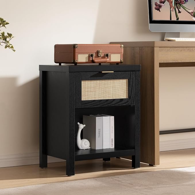 SICOTAS Black Rattan Nightstand Farmhouse Night Stands - Image 8
