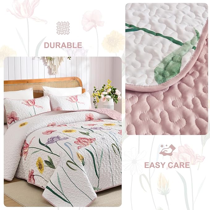 WONGS BEDDING Pink Quilt Set King, 3 Pieces Colorful Delicate Floral Bedspread - Image 5