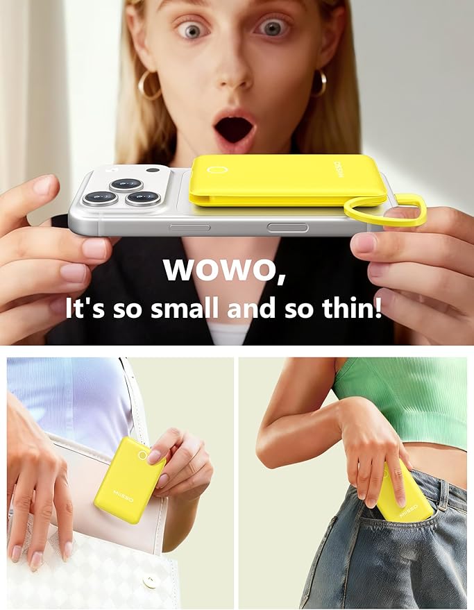 miisso 10000mAh Mini Portable Charger with Built in Cable, Pocket Size Power Bank Travel External Battery Pack for Phone, 3 Output USB Type C Cord Clutch Compatible with iPhone, Samsung, Yellow