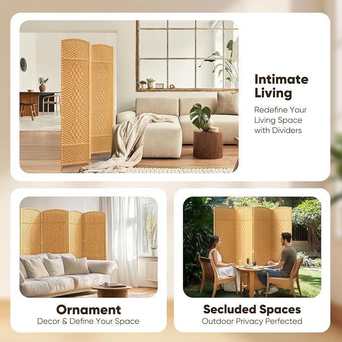 Rattan Room Divider, 4-Panel Folding Privacy Screen 6ft. Extra Wide | Room - Image 7