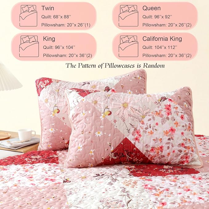 Whale Flotilla Patchwork Quilts Queen Size, Extra Soft Floral Bedspreads | Red - Image 6