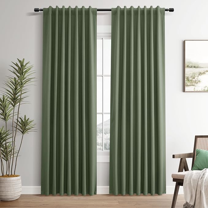Olive Green 100% Blackout Linen Textured Curtains 92 Inches Long 2 Panels Set by Guken