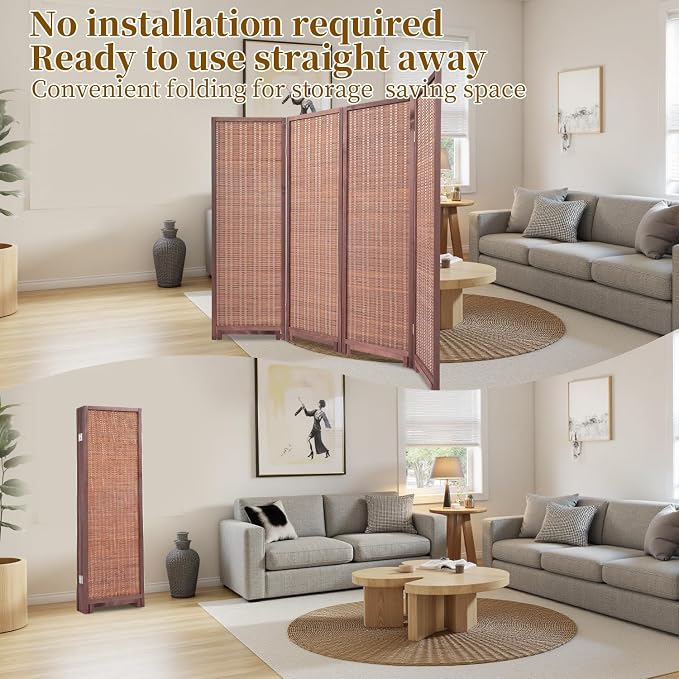 Bamboo Room Divider 4 Panel 47" H, 360°Rotating Feet Privacy Screen, Portable - Image 5