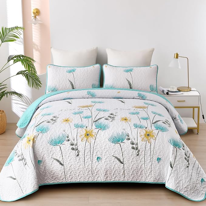 Dinjoy Floral Quilt Set Queen, Aqua Blue Bedspread Coverlet Set 3 Pieces | by DINJOY