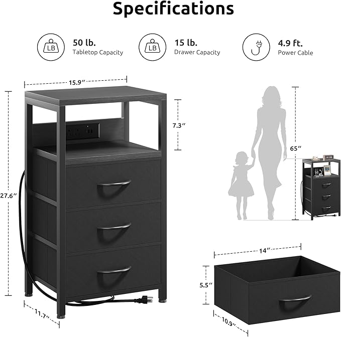 Lazzanto Night Stand with Charger Station, 3 Fabric Drawers, Bedside Table - Image 2