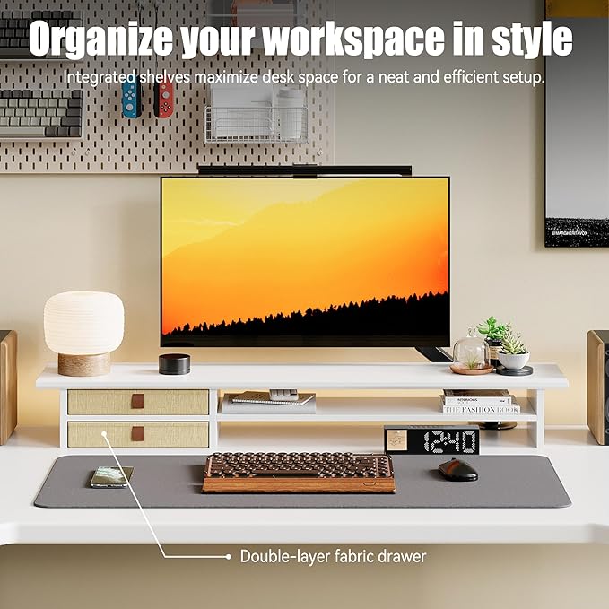 FENSULN Dual‑Tier Monitor Stand Riser with Drawers, Desktop Organizer Shelf Storage for Computer Screen 2 Monitors, Supports for PC Computer Monitor, Printer, Heavy TV Riser White
