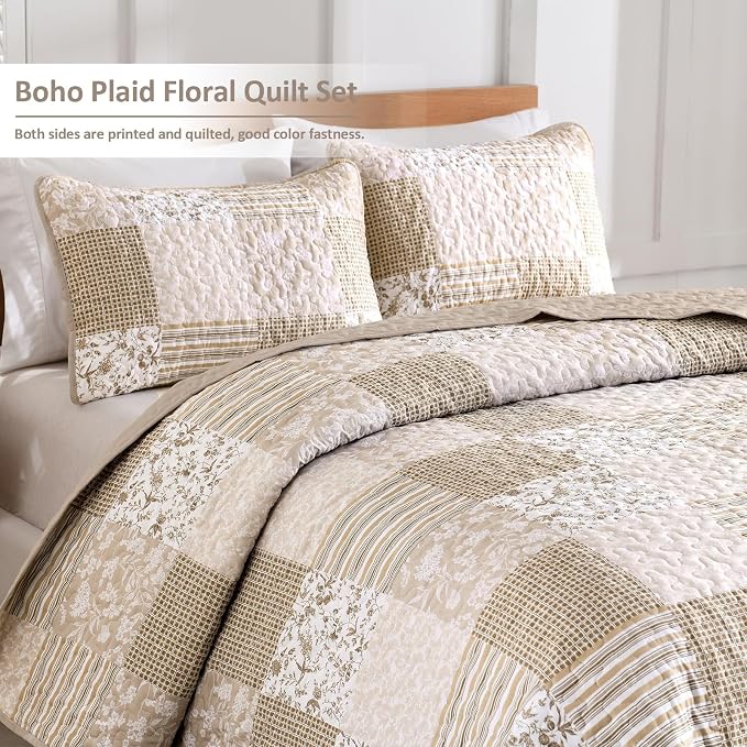 Mybedsoul Beige Boho Quilt Set Twin Size Dorm Bedding, 2 Pieces Plaid Floral - Image 2