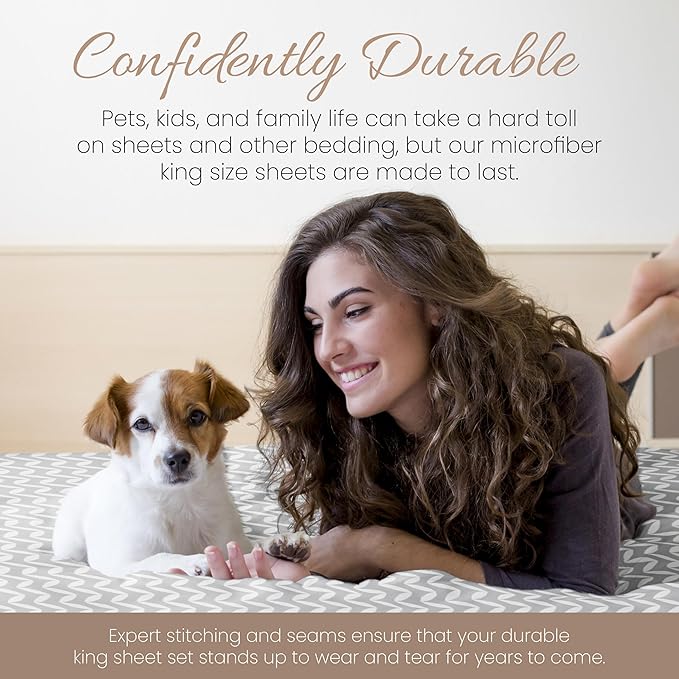 Linen Market Double-Brushed Patterned Microfiber King Sheet Set 4 Piece – Oeko-TEX Certified Ultra Soft & Wrinkle-Free - 16" Deep Pocket Sheets - Easy Care King Size - Puffed Chevron Light Gray