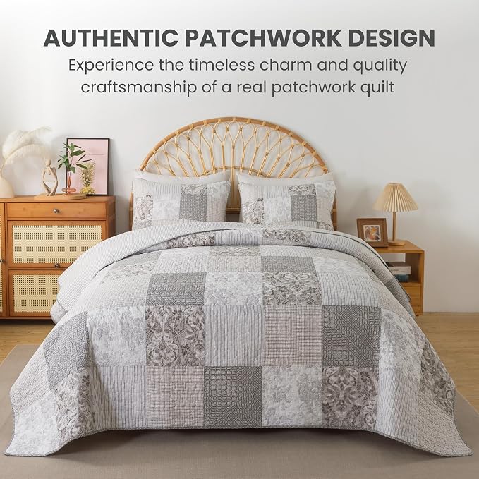 SLPR - Silver Linings Patchwork Gray Cotton Quilt Set, King - Image 2