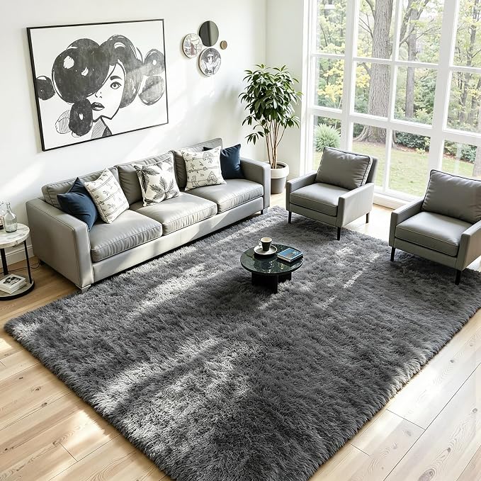 5x8 Fluffy Area Rug for Living Room: Soft Non-Slip Grey Shag Bedroom Carpet | - Image 3