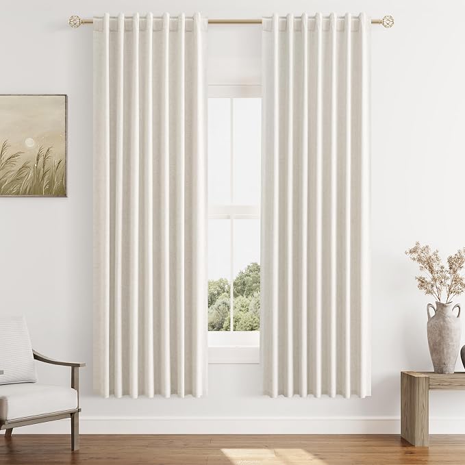 Beige White 100% Blackout Linen Curtains 72 Inch Length 2 Panels Set by Guken