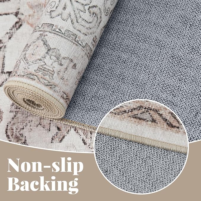 jinchan Lima Runner Rug 2x6 - Vintage Hallway Machine Washable Rug Floral Non Slip with Rubber Backing Ultra-Thin Carpet Runner for Kitchen Bedroom Laundry Room Farmhouse Entryway (2x6ft, Taupe)